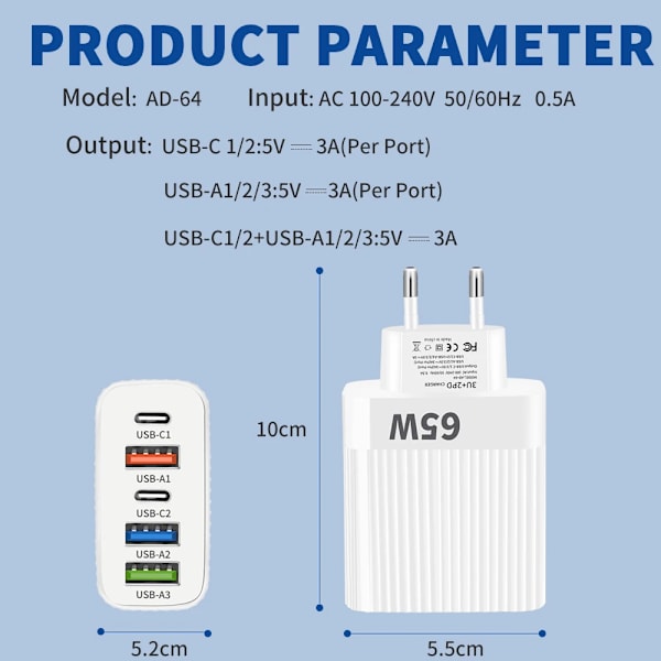 65W USB Laddare PD Typ C Flera 5 Portar Universell Snabb Snabbladdning Mobiltelefon Väggadapter för Iphone 15 Pro Xiaomi 14 White EU Plug