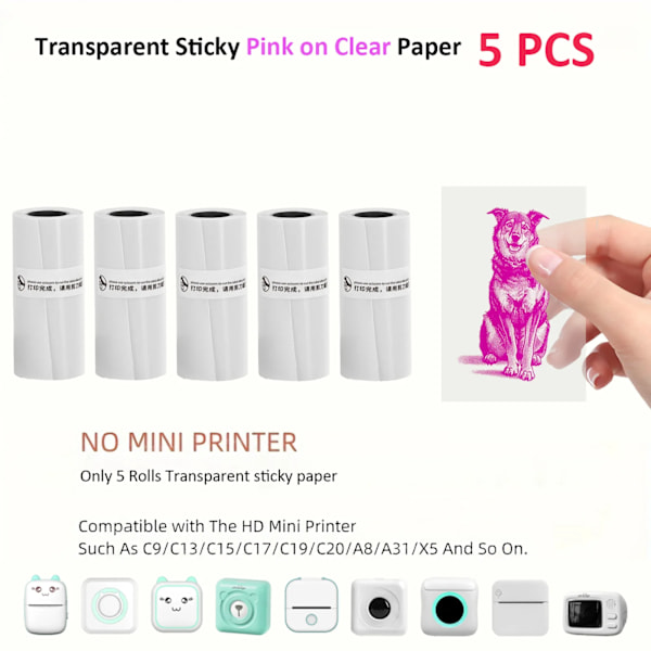 Transparent Termiskt Självhäftande Papper, 57x25mm Används För Mikro Termisk Skrivare Fotoutskriftspapper 5Rolls Pink On Clear