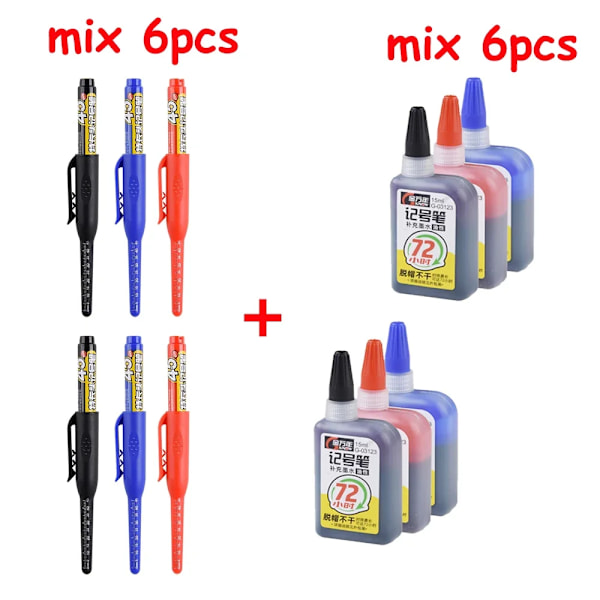 1-6 st 45 mm Vattentät Lång Huvud Nib Djupa Hål Markörer Penna Kakel Snickarpenna Multifunktionell för Träbearbetning Svart/Blå/Röd Bläck mix 6pen 6ink