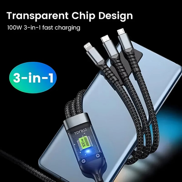 3-i-1 100W Transparent Pilotlampa Supersnabb Laddningskabel Universell med Typ C Usb Micro för Iphone Samsung Huawei Xiaomi 6A black 2m