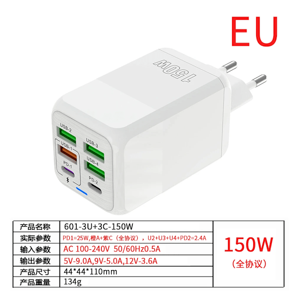 150W 6 Portar Pd QC 4.0 Usb C Snabbladdare Väggadapter Supersnabb Laddning För Iphone Samsung Ipad Xiaomi Huawei Oneplus Oppo EU WHITE