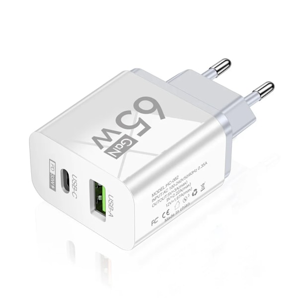65W GAN Laddare USB Typ C Laddare Mobiltelefonladdare Snabbladdning För iPhone 14 13 Xiaomi Samsung Quick Charge 3.0 EU White