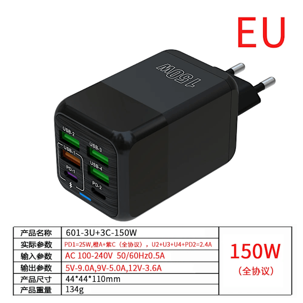 150W 6 Portar Pd QC 4.0 Usb C Snabbladdare Väggadapter Supersnabb Laddning För Iphone Samsung Ipad Xiaomi Huawei Oneplus Oppo EU BLACK