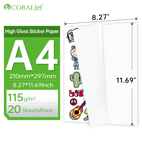 Coraljet 20 50 ark 8,3\"x11,7\"(A4) 4x5(A6) Högkvalitativt Glansigt Klisterpapper Vattentätt Självhäftande för Bläckstråleskrivare A4 115g 20 Sheets