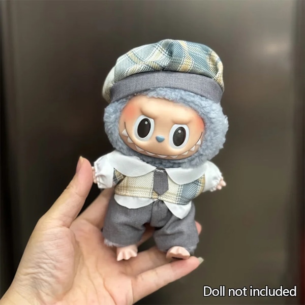 17cm Mini Plyschdockas Kläder Outfit Tillbehör För Korea Kpop Labubu Idol Sittande Fest V1 V2 Höst onesie hatt set Kläder 08 no doll