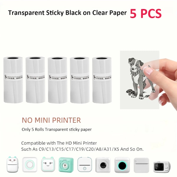 Transparent Termiskt Självhäftande Papper, 57x25mm Används För Mikro Termisk Skrivare Fotoutskriftspapper 5Roll Black On Clear