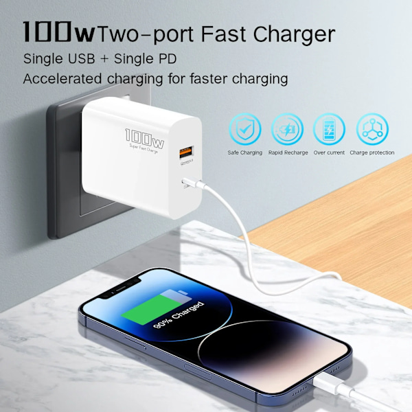 100W Snabbladdare Dubbelport Usb Typ-C Supersnabb Laddningshuvud Mobiltelefonadapter Laddningshuvud för Huawei iPhone Ny 2025 1M data cable