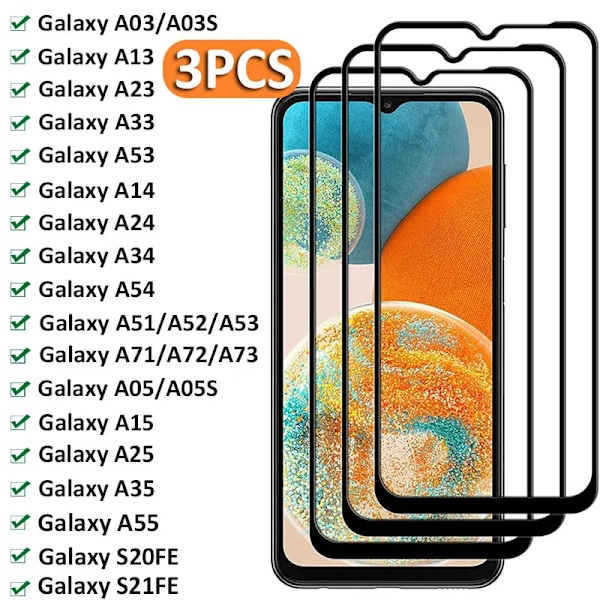 3 st Komplett Härdat Glas För Samsung Galaxy A05 A15 A25 A35 A55 S20FE A03 A13 A53 A72 A71 A51 A54 A14 A34 Skärmskydd Glas For A24 Black