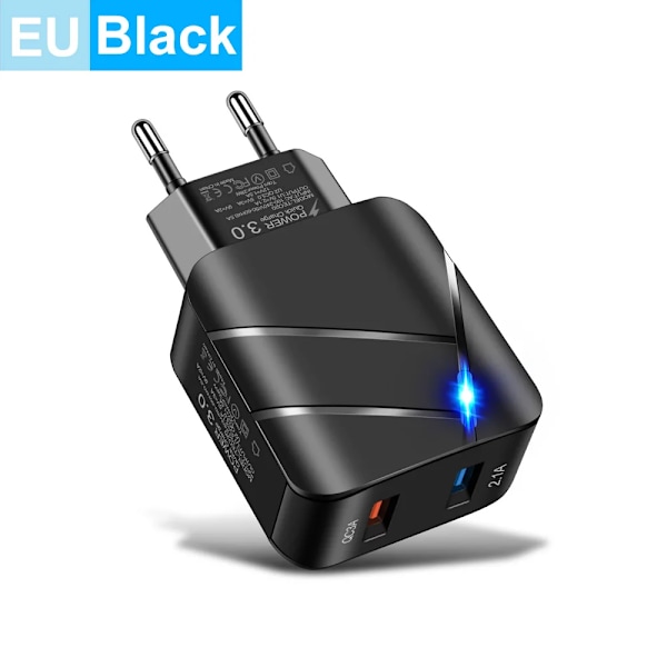 28W Belyst QC3.0+2.1A USB Universell QC3.0 Snabbladdning Dubbel USB-Port EU-Kontakt Telefonladdare Adapter för Samsung Xiaomi iPhone Black