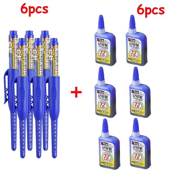 1-6 st 45 mm Vattentät Lång Huvud Nib Djupa Hål Markörer Penna Kakel Snickarpenna Multifunktionell för Träbearbetning Svart/Blå/Röd Bläck blue 6pen 6ink