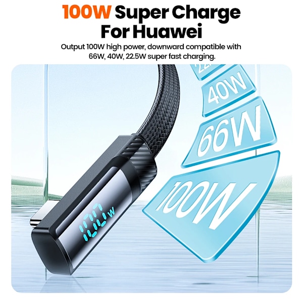 Toocki PD 100W 66W USB Typ C-kabel 90 graders snabbladdning för Huawei Mate 40 P50 Samsung Xiaomi Digital Display Typ C Datakabel Black 2m