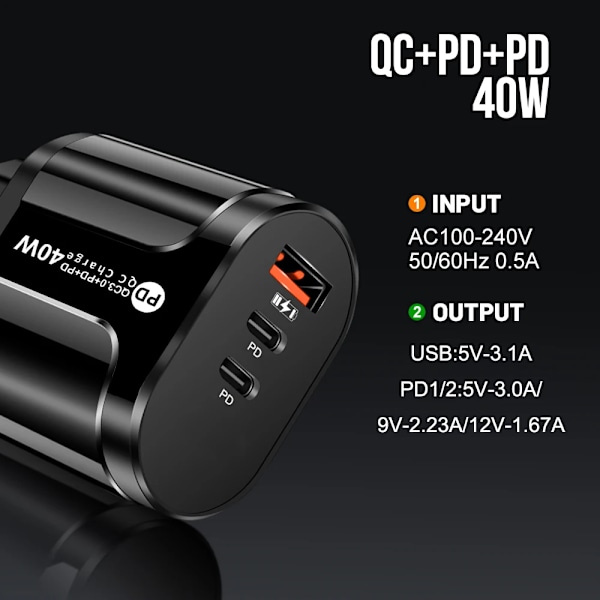 40W Telefonladdning PD Snabbladdning USB QC3.0 Multipla 3 Portar Typ C Kontakt Mobiltelefonadapter för Xiaomi Höghastighets Väggladdare EU White