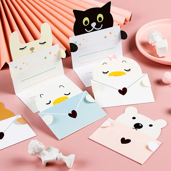 9 st Tecknade Djur Presentkort med Kuvert Vikta Grattiskort Semesterönskningar Vykort för Födelsedag Baby Shower Party Dekor 9Pcs Different