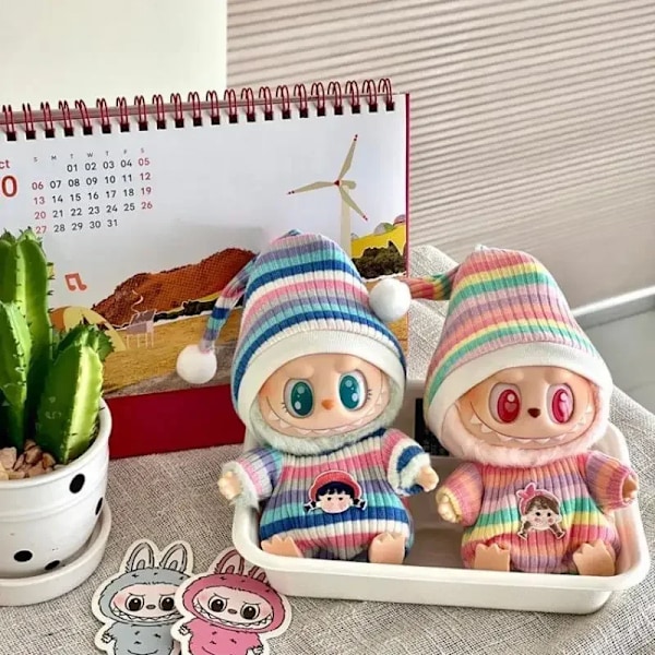 17cm Mini Plyschdockas Kläder Outfit Tillbehör För Korea Kpop Labubu Idol Sittande Fest V1 V2 Höst onesie hatt set Kläder 18 no doll