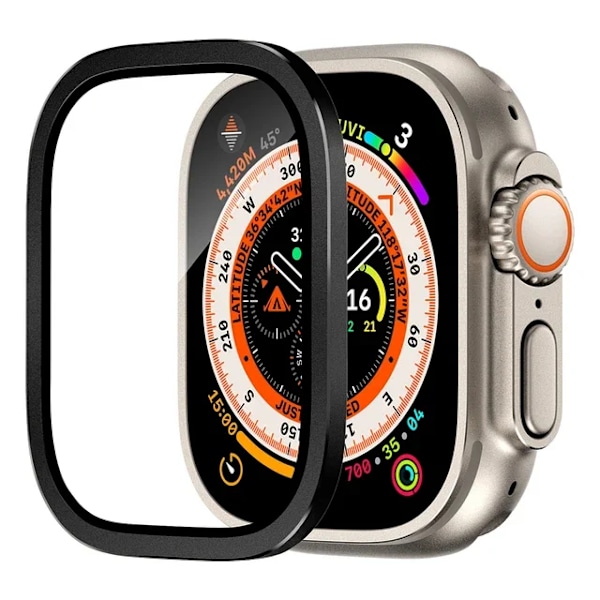 HD Härdat Glas Film Skal för Apple Watch Ultra 49mm Aluminiumlegering Metallram Skärmskydd för iWatch Ultra 49mm Skal Black For Ultra 49MM