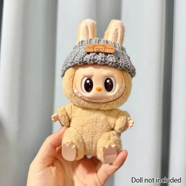 Kläder för 15-17 cm v1v2 Labubu, outfit Labubu Sittande Party Bear, Etikett, Halsduk, Hatt, Väska, Docktillbehör, Söt Dekoration GreyFlanged Bear Hat no doll