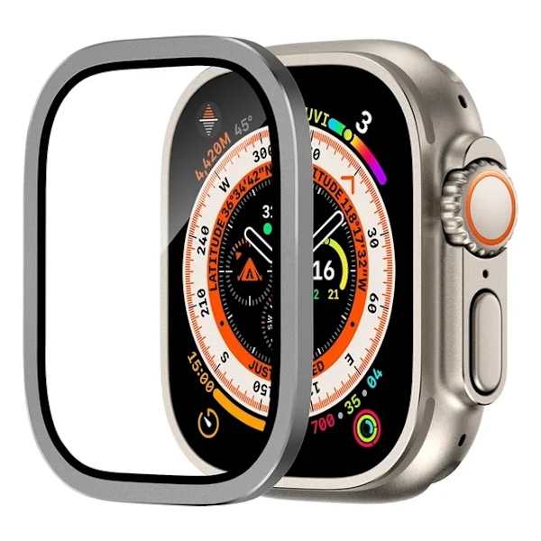 HD Härdat Glas Film Skal för Apple Watch Ultra 49mm Aluminiumlegering Metallram Skärmskydd för iWatch Ultra 49mm Skal Titanium gray For Ultra 49MM
