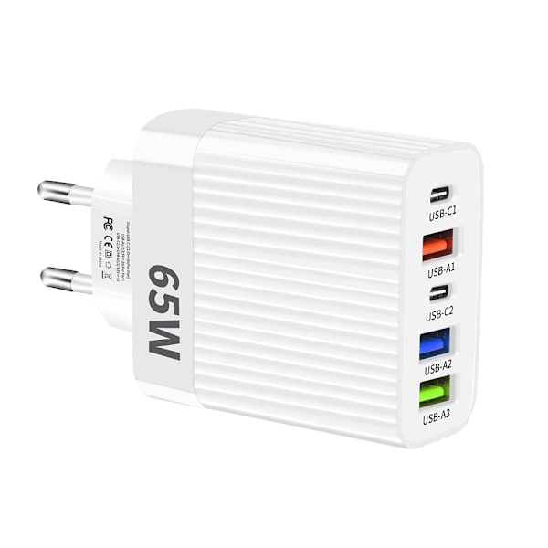 65W USB Laddare PD Typ C Flera 5 Portar Universell Snabb Snabbladdning Mobiltelefon Väggadapter för Iphone 15 Pro Xiaomi 14 White EU Plug