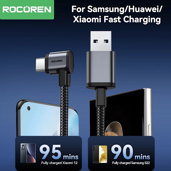 Rocoren 3A 90 Graders USB Typ C Kabel QC 3.0 Snabbladdningskabel För Mobiltelefon Samsung Huawei Xiaomi Laddningsvinkel Datakabel Gary 1m