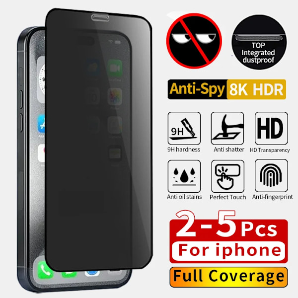 2-5 st Fullständigt Täckande Sekretess Skärmskydd För iPhone 16 11 12 13 14 Pro Max Mini Anti-spion Glas För iPhone 15 Pro Xr X Xs Max 15 ProMax or 16Plus 3PCS Privacy Glass