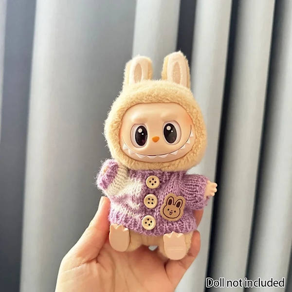 Kläder för 15-17 cm v1v2 Labubu, outfit Labubu Sittande Party Bear, Etikett, Halsduk, Hatt, Väska, Docktillbehör, Söt Dekoration Purple Sweater no doll