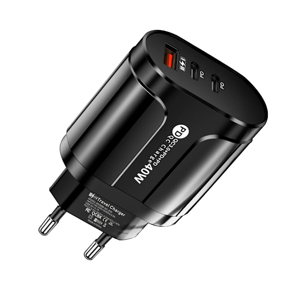 40W Telefonladdning PD Snabbladdning USB QC3.0 Multipla 3 Portar Typ C Kontakt Mobiltelefonadapter för Xiaomi Höghastighets Väggladdare EU Black
