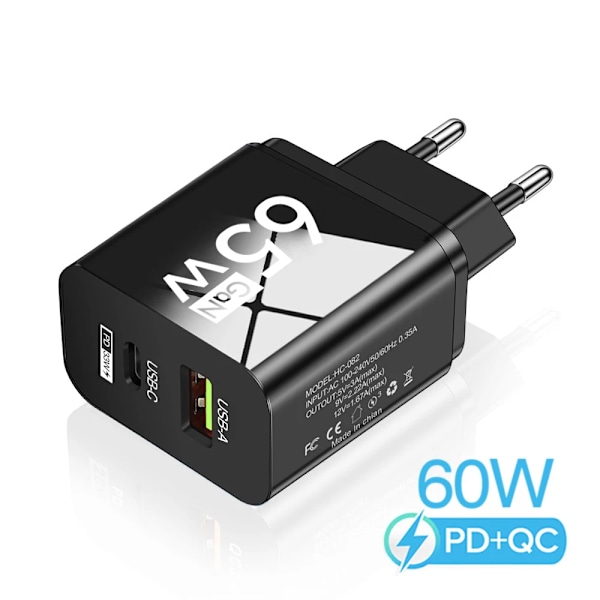 65W GaN Type C PD Laddare USB Snabbladdning Quick Charger 3.0 Mobiltelefonadapter För iPhone 15 Samsung Xiaomi Huawei Black EU