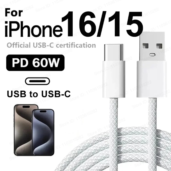 Original 60W PD USB till USB-C Snabbladdningskabel För Apple iPhone 16 Pro Max 15 Plus Typ C Snabbladdare Xiaomi Samsung Kabel 2m