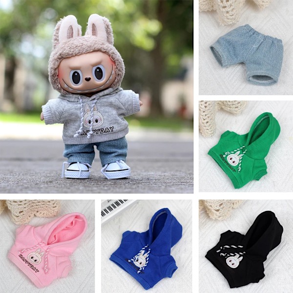 Kläder och accessoarer till Labubu, minidocka 17 cm Labubu II Idol Sweatshirt Hjärtklappning Hoodie Jeans Set Kläder Grey No Doll