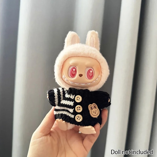 Kläder för 15-17 cm v1v2 Labubu, outfit Labubu Sittande Party Bear, Etikett, Halsduk, Hatt, Väska, Docktillbehör, Söt Dekoration Black Sweater no doll