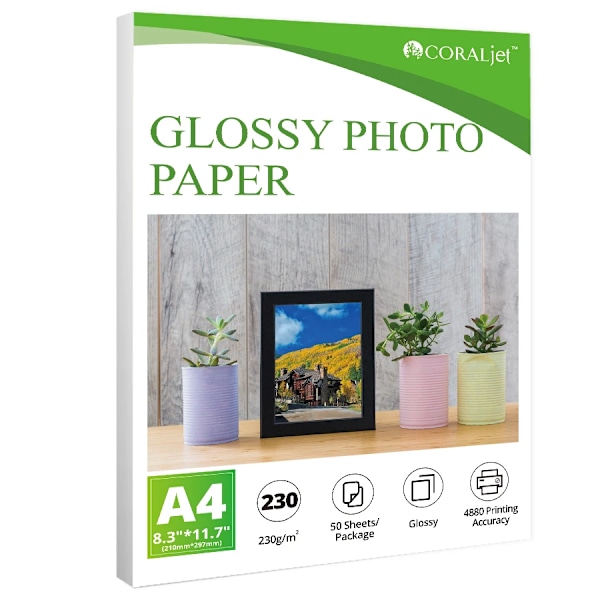 Coraljet Glättat Fotopapper 8.3\"x11.7\" A4 50 Ark Kompatibelt med Bläckstråleskrivare Använd FÄRGBLÄCK 180gsm 210gsm 230gsm Hög kvalitet A4 50Sheets 230gsm