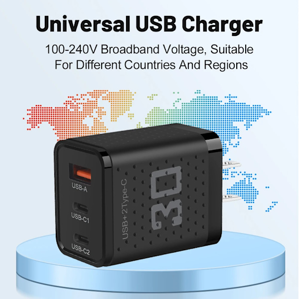 30W USB Snabbladdare 3 Portar PD Typ C Quick Charge 3.0 Telefonadapter För iPhone 15 14 Pro Xiaomi Samsung Portabel Väggladdare EU Plug White