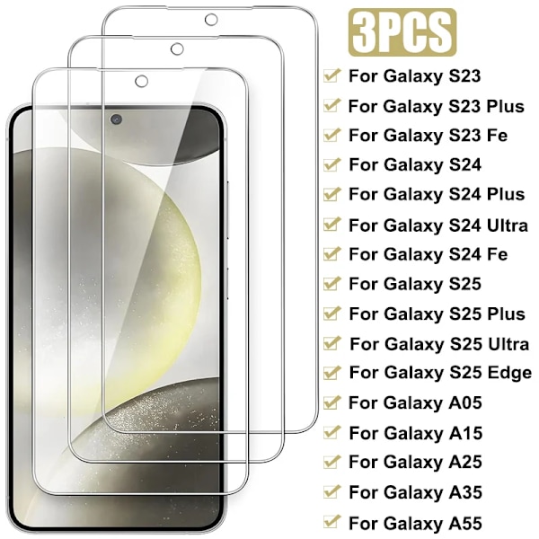 3 st Härdat Glas För Samsung Galaxy S24 S25 Ultra S23 Plus Fe S25 Edge Skärmskydd på Samsung A15 A05S A25 A35 A55 Glas For A05 3Pcs Glass