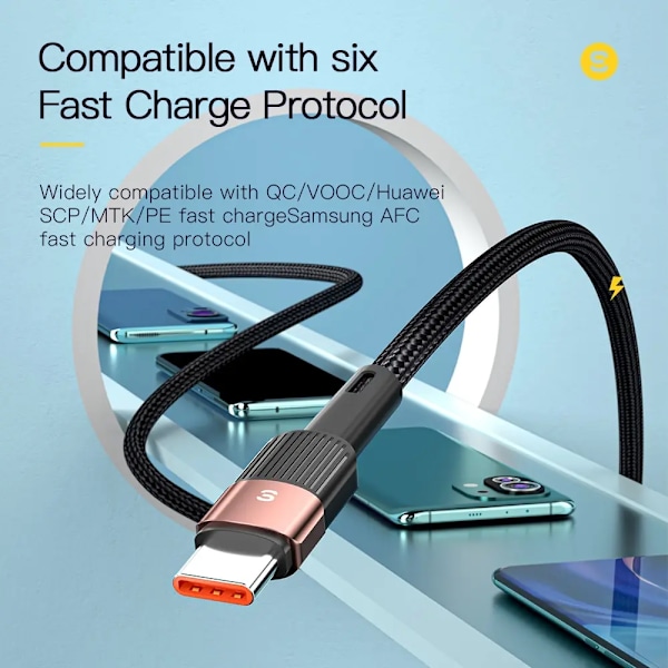 Essager 6A Typ C USB-kabel Snabbladdning För Huawei P40 Pro P30 66W Sladd Laddare Datakabel För Samsung S21 Ultra S20 Poco Black 2m