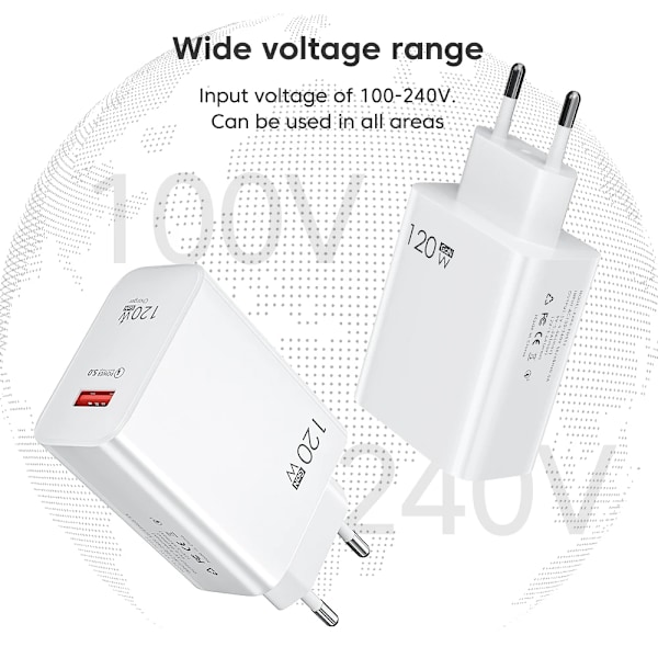 120W USB-laddare Snabbladdning QC3.0 USB C-kabel Typ C-kabel Mobiltelefonladdare För iPhone Huawei Samsung Xiaomi Snabbladdning EU-White-6A