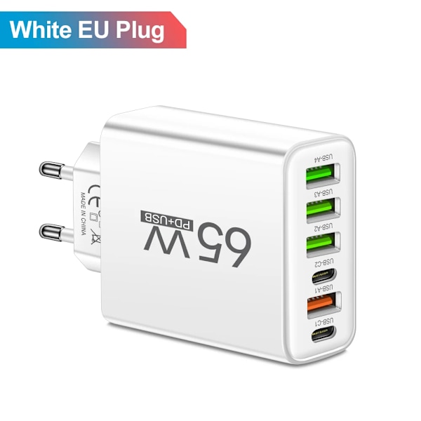Ny Total 65W GaN USB Snabbladdare Typ C PD Kabel Snabbladdning Mobiltelefon Strömadapter för iPhone 16 Pro Xiaomi Samsung Huawei EU Plug White