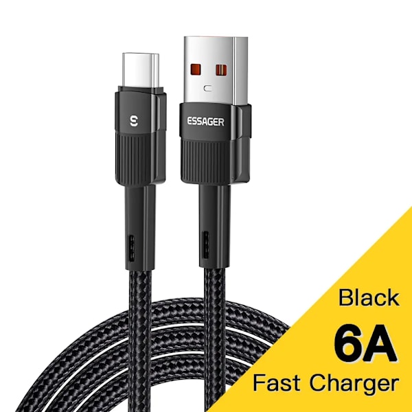 Essager 6A Typ C USB-kabel Snabbladdning För Huawei P40 Pro P30 66W Sladd Laddare Datakabel För Samsung S21 Ultra S20 Poco Black 1m