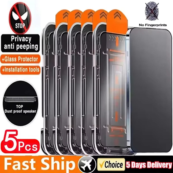 5 st Oleofobisk Beläggning Dammtät Installation Sekretess Skärmskydd För iPhone 16 13 11 12 14 15 Pro Max XS X XR 16e Glas 5 Pieces iPhone 7 Plus