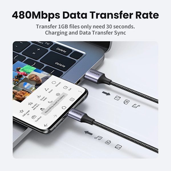 UGREEN 3A USB Typ C-kabel för Realme Xiaomi Samsung S21 Snabbladdningskabel USB-C Laddare Datakabel för iPad Samsung Poco USB C Durable PVC Black 2m