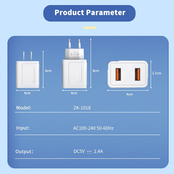 Dubbel USB-laddare 2.4A Snabbladdning Telefonladdare Strömadaptrar För iPhone Xiaomi Samsung EU/US-kontakt Snabbladdande Väggladdare EU Plug White