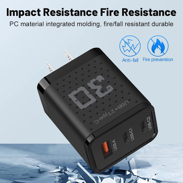 30W USB-laddare Quick Charge 3.0 PD Typ C Snabbladdande Telefonladdare Adapter För iPhone 15 Samsung Xiaomi 3 Portar Väggladdare Black EU