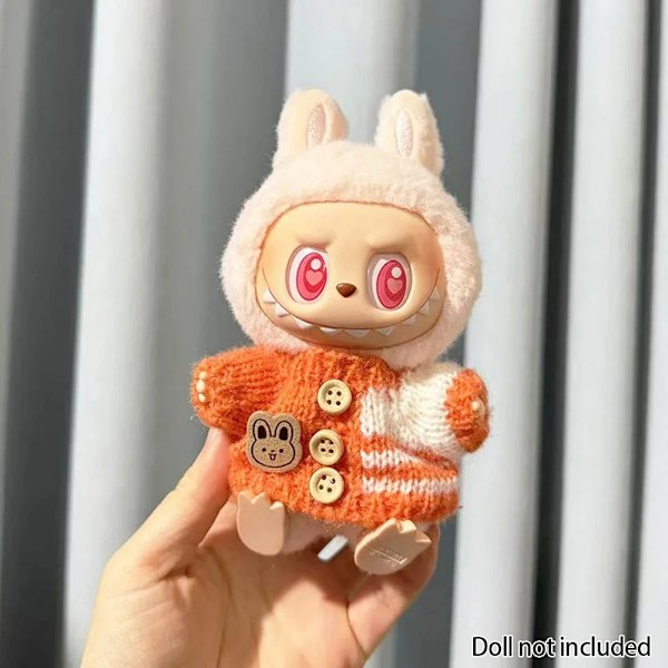 Kläder för 15-17 cm v1v2 Labubu, outfit Labubu Sittande Party Bear, Etikett, Halsduk, Hatt, Väska, Docktillbehör, Söt Dekoration Orange Sweater no doll