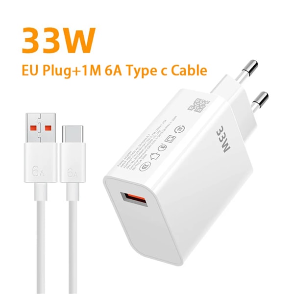 USB-laddare 33W Snabbladdning EU/US Kontakt Väggladdare 6A Typ C Kabel För Xiaomi Redmi K30 K40 iPhone Snabbladdning Telefonadapter EU Charger and Cable