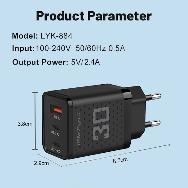 USB PD Snabbladdare 30W Typ C Mobiltelefon PD Vägg Snabbladdningsadapter för iPhone 15 Pro Xiaomi 14 Samsung EU White