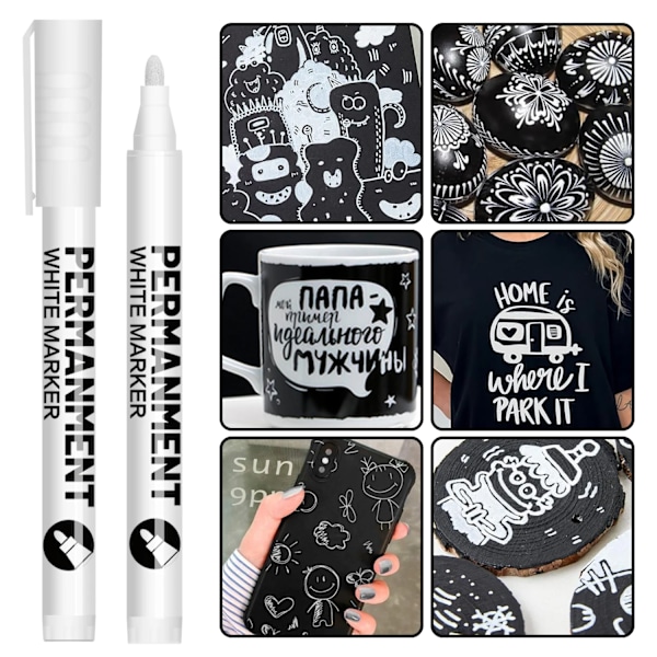 Vit Färgpenna för Stenmålning, Keramik, Glas, Trä, Däck, Tyg, Metall, Canvas. Set med 3/6 Akrylfärg Vit Markör 6pack