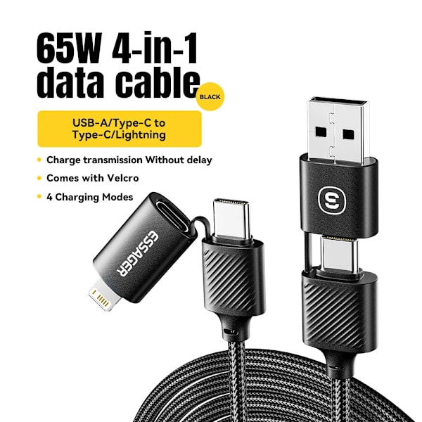 Essager 4 i 1 65W USB C Till Type C Lightning Snabbladdningskabel För IPhone 15 14 13 Pro Max Xiaomi Huawei Multi Laddningskabel 65W 4 in 1 black 0.3M