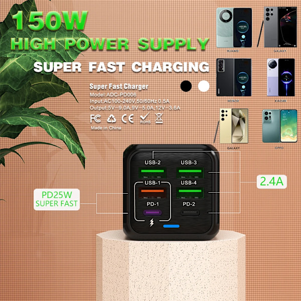 150W 6 Portar Pd QC 4.0 Usb C Snabbladdare Väggadapter Supersnabb Laddning För Iphone Samsung Ipad Xiaomi Huawei Oneplus Oppo EU WHITE
