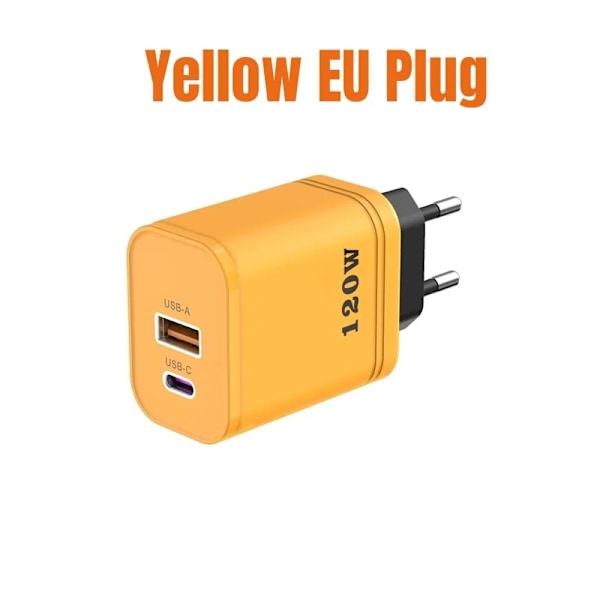 120W Laddare Snabbladdning USB-A USB-C EU/US/UK Kontakt Strömadapter Portabel Reseladdare För Huawei Sumsang iPhone NY 2025 Yellow EU