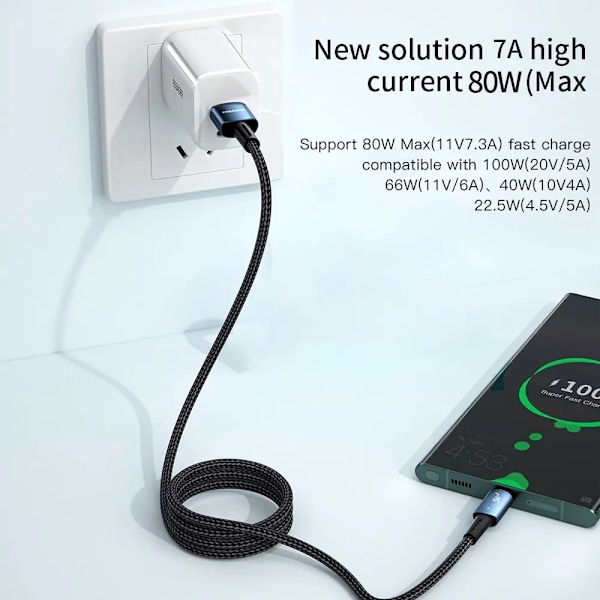 Essager 7A Typ C USB-kabel för Samsung S10 Xiaomi Huawei P30 P40 Pro Mobiltelefon 100W Snabbladdning USB Typ C Datakabel Black 2M