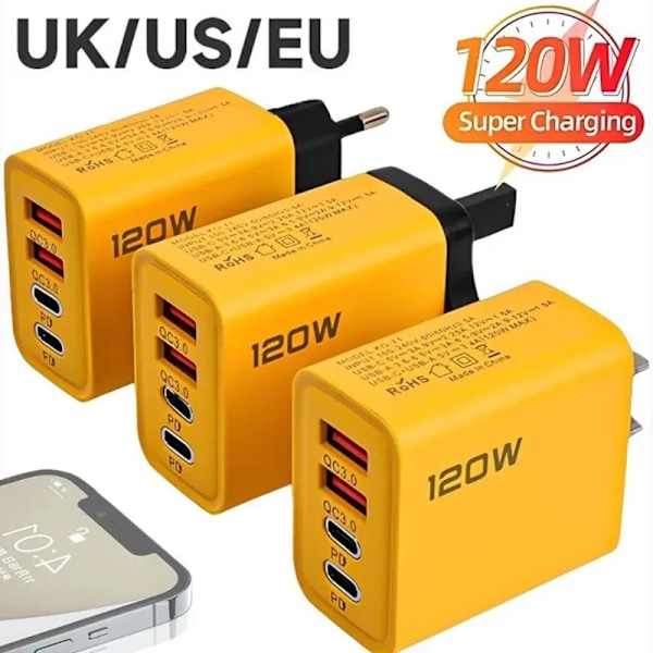 120W Snabbladdning 4 Portar Mobiltelefonladdare QC3.0 USB Typ C Laddare Dubbel PD Väggadapter EU/US/UK Kontakt för iPhone15 Xiaomi